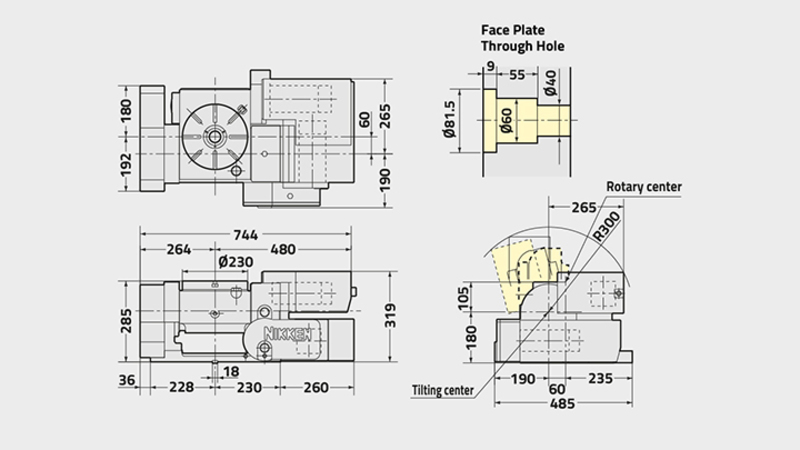 5AX-230 5th Axis Rotary Table Technical Diagram